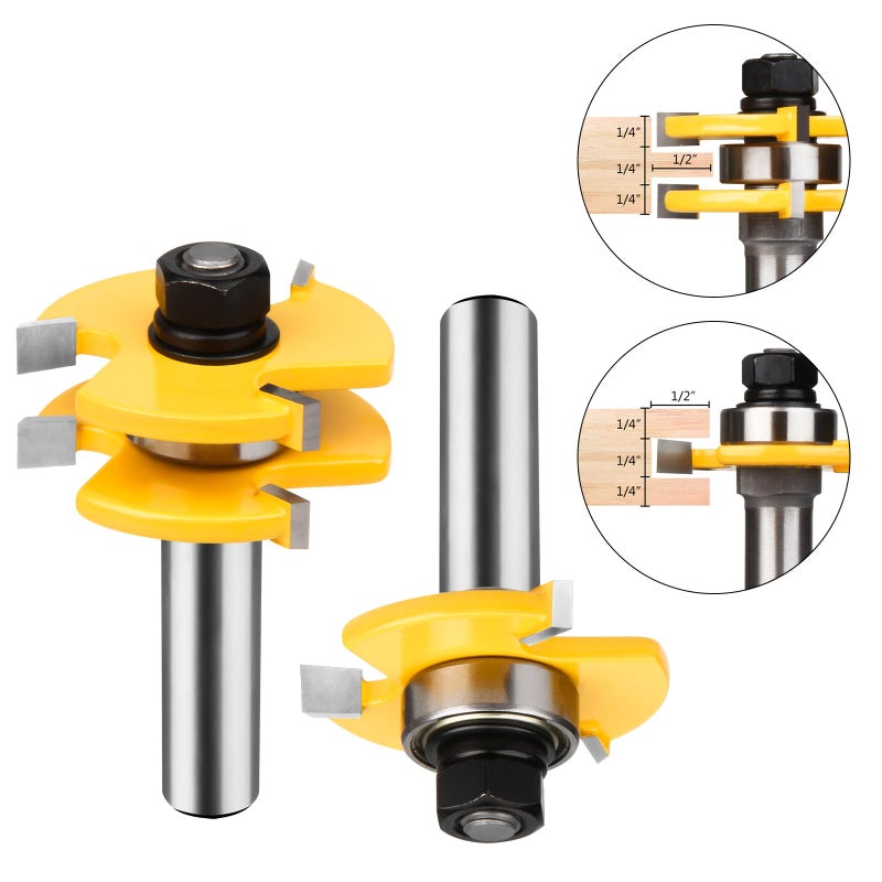 BAIDETS 1/2" Tongue and Groove Router Bits - Set of 2Pcs 1/2 Inch Shank Router Bit Set 3 Teeth Adjustable T Shape Wood Milling Cutter - Image 3